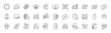 QR kodu, Enerji ve Bağlılık noktaları çizgi simgeleri. Sahte haberler paketi, Lock, Checkbox simgesi. Harita, kaydırma, resimli telefon. Konum, sertifikalı buzdolabı, sadakat kartı. Büyüme çizelgesi. Vektör