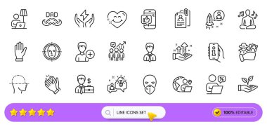 Dolandırıcılık, Başlangıç ve El Hattı simgeleri web uygulaması için kullanılıyor. İş istatistikleri paketi, Ekle kişi, Tıbbi maske ikonları. Güvenli enerji, yüz taraması, analiz grafikleri. Arama barı. Vektör