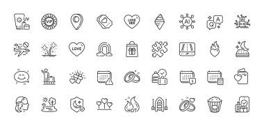 Bagaj kemeri, GPS ve yatak hattı simgeleri paketi. Al, Soru ve Cevap, Harita iğne simgeleri. Uykusuzluk, Aşk Kalbi, Patlamış Mısır web ikonu. Takvim, gülümseme sohbeti, alyans piktogramı. Vektör