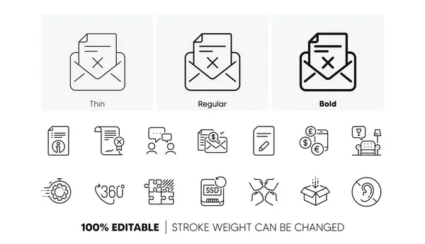 stock vector Lounge, Edit document and Squad line icons. Pack of 360 degree, Recovery ssd, People chatting icon. Get box, Currency rate, Accounting report pictogram. Reject certificate, Reject letter. Vector