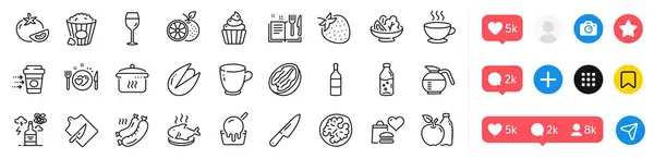 Water Bottle Cupcake Romantic Dinner Line Icons Pack Social Media — Stock Vector
