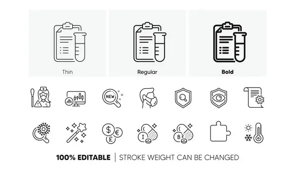 stock vector Medical mask, Iodine mineral and Puzzle line icons. Pack of Weather thermometer, Coronavirus research, New products icon. Medical analyzes, Magic wand, Inspect pictogram. Nurse. Line icons. Vector