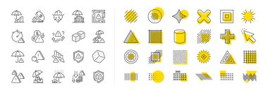 Güvenlik şemsiyesi, Iceberg tehdidi ve kumar seti. Şekil elementleri tasarla. Risk yönetimi çizgisi simgeleri. Finansmanı azalt, şans kazan ve labirent çizgisi simgelerini birleştir. Vektör