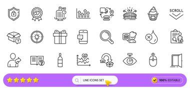 Pasta, hediye kutusu ve web uygulaması için su geçirmez çizgi simgeleri yok. Bir paket tedarik zinciri, açık kapı, arkadaş ikonlarına atıfta bulun. Taşıma hizmeti, teftiş, araştırma işaretleri. Yardım et Şef, Aşk Ödülü. Vektör