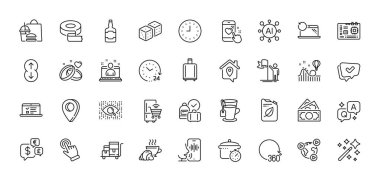 Video konferansı, yapıştırıcı bant ve çay hattı simgeleri paketi. Al, Soru ve Cevap, Harita iğne simgeleri. İmleç, Saat, Onaylanmış Web simgesi. Envanter arabası, teneke kutu, resim dersi. Vektör