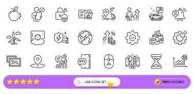 Web uygulaması için 5G istatistikleri, iş sonuçları ve acil çağrı hattı simgeleri. Araba servisi, fotoğraf albümü, resimli resim simgeleri. Artırılmış gerçeklik, Müşteri Anketi. Arama barı. Vektör