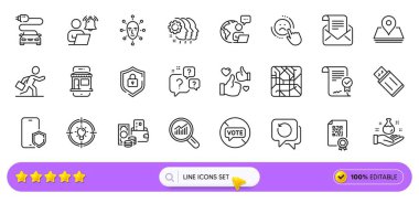 Web uygulaması için para, metro haritası ve posta haber sayfası simgelerini değiştir. Telefon koruması, onaylanmış anlaşma, Usb flaş resim simgeleri. Oy vermeyi bırak, biyometriklere bak, piyasa işaretlerine bak. Vektör