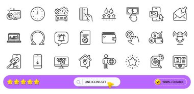 Web uygulaması için telefon görüntüsü, Omega ve Saat çizgisi simgeleri. Açık posta paketi, mikrofon, Cogwheel piktogram simgeleri. Açık arttırma, web araması, uyarı baloncuğu işaretleri. Ödeme tıklama, Yıldız, para birimi oranı. Vektör