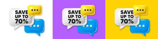 stock vector Chat speech bubble 3d icons. Save up to 70 percent tag. Discount Sale offer price sign. Special offer symbol. Discount chat text box. Speech bubble banner. Offer box balloon. Vector