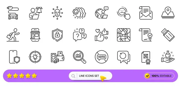 Stock vector Change money, Metro map and Mail newsletter line icons for web app. Pack of Phone protect, Approved agreement, Usb flash pictogram icons. Stop voting, Face biometrics, Marketplace signs. Vector