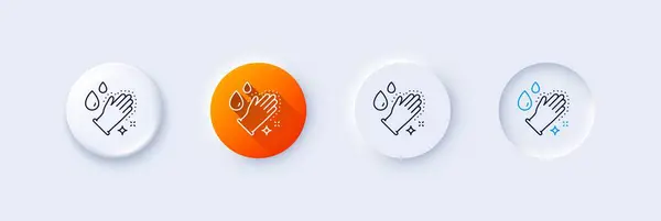 ハンドラインアイコンを洗う ネオルフィック オレンジグラデーション 3Dピンボタン 衛生クリーニングサイン クリーングローブシンボル ラインアイコン アウトラインサイン付きネオルフィックボタン ベクター ストックイラスト