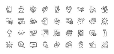 Sebze arabası, Manga ve Meyve Suyu hattı ikonları. Al, Soru ve Cevap, Harita iğne simgeleri. Phishing, Square alanı, Palyaço ağı simgesi. Dudaklar, zamanlayıcı, para takvimi resmi. Vektör