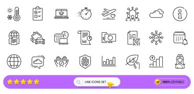 Tıbbi tablet, Zamanlayıcı ve Globe web uygulaması için simgeler. Bir paket hava durumu termometresi, hastane hemşiresi, takvim resim ikonları. Ev tesisi, çalışma saati, parmak izi işaretleri. Kontrol listesi. Vektör