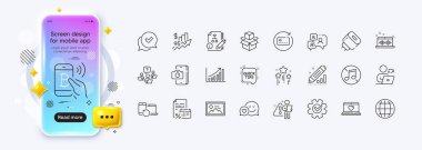 Yenileme kartı, Bitcoin ödemesi ve web uygulaması için Algoritma satırı simgeleri. Telefon modelleme gradyan ekranı. Video konferans paketi, paketleme kutuları, Stars Pictogram simgeleri. Vektör