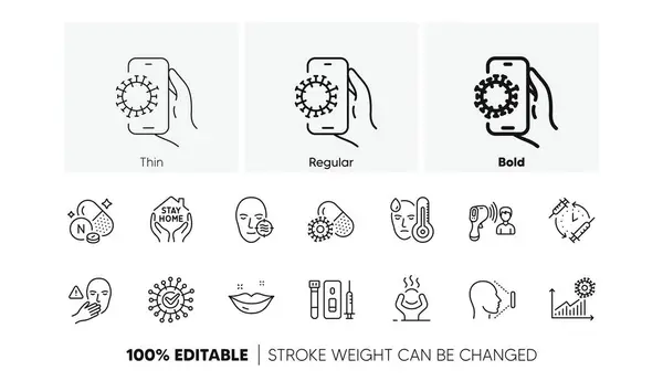 Stock vector Dont touch, Coronavirus pills and Lips line icons. Pack of Face id, Difficult stress, Problem skin icon. Vaccination schedule, Electronic thermometer, Covid app pictogram. Blood. Line icons. Vector