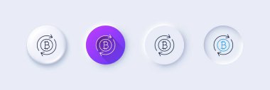 Bitcoin çizgisi simgesi. Neumorfik, mor gradyan, 3 boyutlu iğne düğmeleri. Şifreli para işaretini yenile. Kripto para sembolü. Satır simgeleri. Taslak işaretli neumorfik düğmeler. Vektör