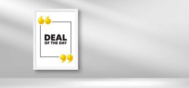 Fotoğraf çerçeveli afiş. Günlük etiket anlaşması. Özel fiyat tabelası. Reklam indirimleri sembolü. Gündüz anlaşması çerçeveli mesaj. 3d virgül alıntısı. Vektör