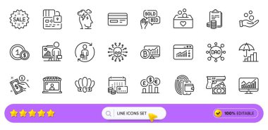 Web uygulaması için pazar satıcısı, enflasyon ve istatistik çizgisi simgeleri. Bir paket para takvimi, soygun, cüzdan resimli resim ikonları. Teklif, Card, Dao işaretleri. Değiştirme, siber saldırı, döviz kurları. Vektör
