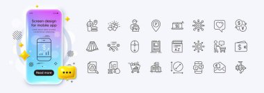 Dolar cüzdanı, Kelime Hazinesi ve web uygulaması için 5g dizüstü bilgisayar satırı simgeleri. Telefon modelleme gradyan ekranı. Alıcı sürüsü, olta makarası, giriş resimli resim simgeleri. Vektör