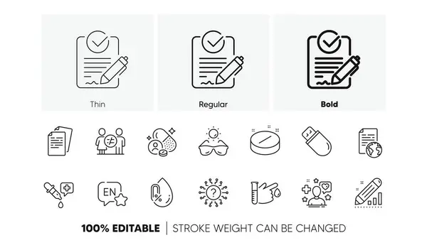 stock vector No alcohol, Vitamin and Question mark line icons. Pack of Sunglasses, English, Patient icon. Usb stick, Discrimination, Documents pictogram. Internet document, Chemistry pipette, Rfp. Vector