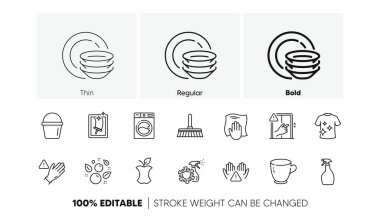Çay fincanı, sprey ve pencere temizleme çizgisi simgeleri. Dokunma, Kova, Çamaşır Makinası ikonu. Yıkama bezi, eldiven, temiz el fotoğrafı. Organik atık, Coronavirus spreyi. Satır simgeleri. Vektör