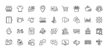 Kahve fincanı, kamyon teslimatı ve garaj çizgisi simgeleri. Al, Soru ve Cevap, Harita iğne simgeleri. Takım çalışması sorusu, Locks, internet ikonu. Vektör