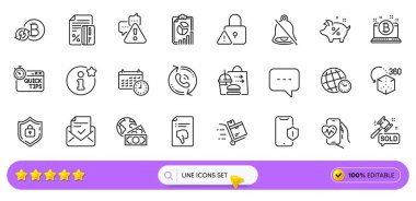 Kitle, Başparmak aşağı ve web uygulaması için yiyecek dağıtım hattı simgeleri. Kalkan paketi, kardiyo eğitimi, açık arttırma çekiç resimli resim ikonları. Bilgi, Uyarı, Hızlı ipuçları. Kredi kartı, rapor, takvim. Vektör