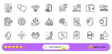 Web uygulaması için Sms, Cogwheel ayarları ve Asansör çizgisi simgeleri. Sigorta şirketi, benzin istasyonu, promosyon çanı ikonları. Kullanma kılavuzu, yanıcı yakıt, Friends sohbet tabelaları. Vektör