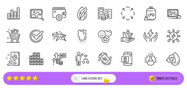 İnternet uygulaması için kredi kartı, çağrı merkezi ve kimya deney hattı simgeleri. Bir paket güvenli enerji, hipoalerjenik testler, gülümseyen resim simgeleri. Güç, Büyütme, Toptan envanter tabelaları. Vektör