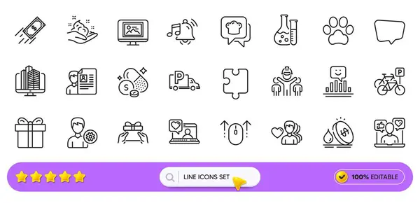 stock vector Puzzle, Chat message and Smile line icons for web app. Pack of Truck parking, Fast payment, Sulfur mineral pictogram icons. Photo thumbnail, Social media, Dog paw signs. Engineering team. Vector