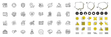 Web uygulaması için Home Grill, Atlıkarınca ve Hava Durumu telefon hattı simgeleri. Tasarım unsurları, sosyal medya simgeleri. Yenileme arabası, sizi seviyorum güneş gözlüğü ikonları. Vektör