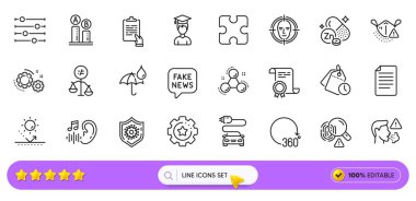 Çinko mineral, sahte haberler ve web uygulaması için vites çizgisi simgeleri. Öğrenci paketi, Pano, Bulmaca resimli resim simgeleri. Dosya, sertifika, tıbbi maske işaretleri. Araba ücreti, duruşma, zaman yönetimi. Vektör