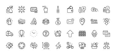 Kelle avcısı, yeni mesaj ve tedarik zinciri simgeleri paketi. Al, Soru ve Cevap, Harita iğne simgeleri. 5 gramlık internet, takvim, dondurma ağı simgesi. Vektör