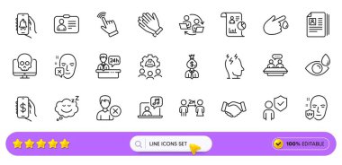 Kan bağışı, göz damlası ve web uygulaması için çan uyarı çizgisi simgeleri. El sıkışma paketi, UV koruması, imleç resim simgeleri. Takım çalışması, Face reddedildi, müzik işaretleri. Uyu. Arama barı. Vektör