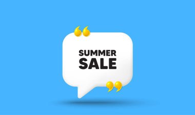 Yaz indirimi etiketi. Tırnak işaretli Konuşma Balonu 3D simgesi. Özel fiyat tabelası. Reklam indirimi sembolü. Yaz indirimi sohbet mesajı. Konuşma balonu pankartı. Beyaz mesaj balonu. Vektör