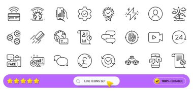 Konuşma balonu, Pound parası ve web uygulaması için onaylanmış satır simgeleri. Tıbbi analiz paketi, parmak izi, resim ikonları raporu. Yel değirmeni, temassız ödeme, sahte evraklar. Arama barı. Vektör