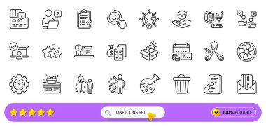 Çalışan, Sadakat Kartı ve web uygulaması için yaratıcı fikir çizgisi simgeleri. Bir paket kredi kartı, çevrimiçi soru, çevrimiçi oylama simgeleri. Para takvimi, onaylanmış kontrol listesi, zaman yönetimi işaretleri. Vektör