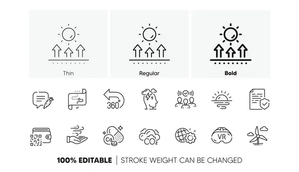 stock vector Sun protection, Certificate and Vr line icons. Pack of Sunrise, Stress, Wind energy icon. Seo gear, Qr code, Co2 pictogram. Target path, Calcium mineral, Chat bubble. Squad, 360 degrees. Vector