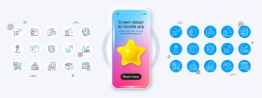 Bagaj koruması, hedef bayrak ve Balayı seyahat çizgisi simgeleri. 3D yıldız ikonuyla telefon modeli. Benzin istasyonu paketi, eko bisiklet, benzin istasyonu ikonu. Vektör