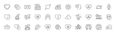 Romantik konuşma, flört uygulaması ve sosyal medya çizgisi simgeleri. Arkadaş sohbeti, aşk bileti, sevgililer günü ikonu. Romantik yemek, kırık kalp, sonsuza dek piktogram. Sor bana, Inclusion, seni seviyorum. Vektör