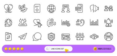 Sahte bilgi, sütun şeması ve web uygulaması için yerel çizgi simgeleri. Bir paket Operasyonel Mükemmellik, Su geçirmez, Dosya resimli simgeleri yükle. Göz tanıma, sulh mahkemesi, yüz tanımlama. Vektör