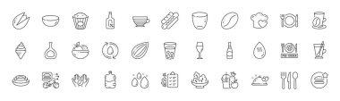 Tabaklar, kahve fincanı ve salata kuyruğu ikonları. Yemek paketi, romantik yemek, şarap kadehi ikonu. Bardak, dondurma, bira şişesi fotoğrafı. Su damlası, kase, meyve tabağı. En iyi yemek. Satır simgeleri. Vektör