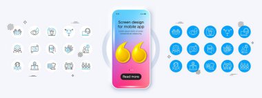 Sağlık uygulaması, küresel işletme ve damar çizgisi simgeleri. 3D alıntı ikonlu telefon modeli. Cinsiyet Paketi, güvenli zaman, Şef ikonu. Danışmanlık, göz damlası, eşitlik grafiği. Vektör