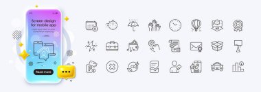 Artırılmış gerçeklik, doğrulanmış posta ve web uygulaması için açık kutu satırı simgeleri. Telefon modelleme gradyan ekranı. Hava balonu paketi, azalan grafik, zaman çizelgesi simgeleri. Vektör