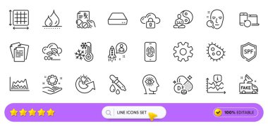 CO2 gazı, Kurtarma cihazları ve web uygulaması için su geçirmez hat simgeleri. Meydan paketleri, reçeteli ilaçlar, çalışanların el resimli resimleri. Sahte haberler, Startup, Dondurucu işaretler. Yüz taraması. Vektör