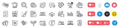 Cogwheel, el çantası ve sohbet hattı simgeleri ekle. Sosyal medya simgeleri. Takvim, Para Öde, Hatırlatma web simgesi. Web dersleri, Zaman Yönetimi, Yazılım resimleri. Vektör