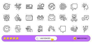 Yıldırım, sahte haberler ve web uygulaması için zaman çizgisi simgeleri. Bir paket enflasyon, bulmaca, geribildirim simgeleri. Teftiş, telefon transferi, eğitim işaretleri. Elektrik, ev işi. Vektör