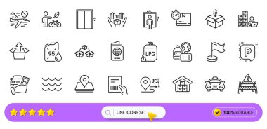 Ağ uygulaması için paket faturası, gaz silindiri ve benzin bidon hattı simgeleri. Bir paket karton kutu, Gönder kutusu, Milestone resim ikonları. Bagaj, asansör, taksi işaretleri. Yolculuk, toptan mallar. Vektör