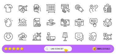Dresser, online alışveriş ve web uygulaması için Road line simgeleri. Bir paket E vitamini, sağlıklı cilt, Gıda Uygulaması ikonları. Teklif teklifi, yatırımı kontrol et, rapor imzala. Dokunmatik ekran hareketi. Arama barı. Vektör