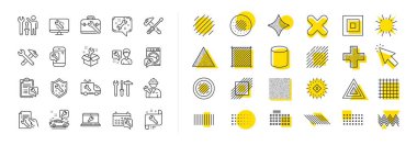 Çekiç, tornavida ve anahtar araç simgeleri. Şekil elementleri tasarla. Araba servis hattı simgelerini onar. İyileşme, çamaşır makinesi tamiri, araba servisi. Mühendis aracı, teknik destek. Vektör